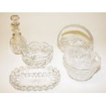 A CUTGLASS DECANTER AND STOPPER, a heavy cutglass fruit basket, a cutglass bowl or vase,