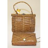 A TAN COLOURED CROCODILE SKIN LADIES VINTAGE HANDBAG,