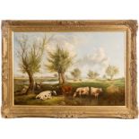 19TH CENTURY ENGLISH SCHOOL,
Couple Chatting with Cattle Watering in Extensive River Landscape,