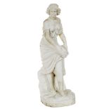 A HEAVY WHITE STATUARY MARBLE FIGURE, late 19th century, modelled as a peasant girl undressing,