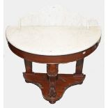 A VICTORIAN DEMI LUNE MAHOGANY AND MARBLE TOP WASH STAND, 
with centre cabriole support,