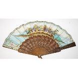 AN ATTRACTIVE OVER PAINTED AND PRINTED FAN, 
decorated with colourful figures amusing them selves,