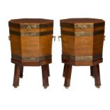 A PAIR OF BRASS BOUND INLAID MAHOGANY WINE COOLERS OR CELLARETS,