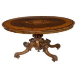 A FINE QUALITY VICTORIAN FIGURED WALNUT AND MARQUETRY OVAL FLIP TOP CENTRE TABLE,