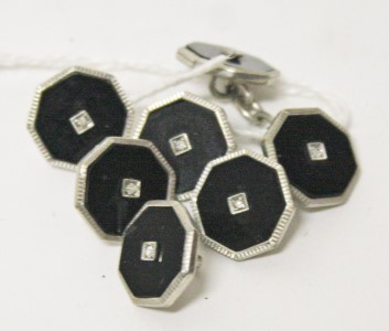 A PAIR OF 9K WHITE GOLD JET AND DIAMOND CUFF LINKS; together with three matching shirt studs.