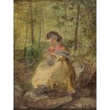 KATE GREY ( ACT 1870-1887)
"Young Girl Seated on a Rock at the Edge of a Wood Crocheting",