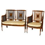 A VERY ATTRACTIVE FIVE PIECE EDWARDIAN DECORATED SATIN WOOD SUITE OF SEAT FURNITURE,