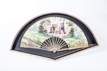 A FINE REGENCY PERIOD FAN, 
with gilt metal sticks and ends,