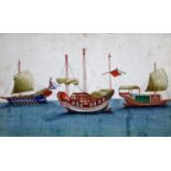 19TH CENTURY CHINESE SCHOOL,
Three Anchored Junks, watercolour and gouache on rice paper, 7.