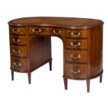 AN EDWARDIAN INLAID MAHOGANY KIDNEY SHAPED KNEE HOLE PEDESTAL DESK,