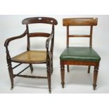 A PAIR OF VICTORIAN OAK SIDE CHAIRS, 
each with a curved bar back and a drop in seat,