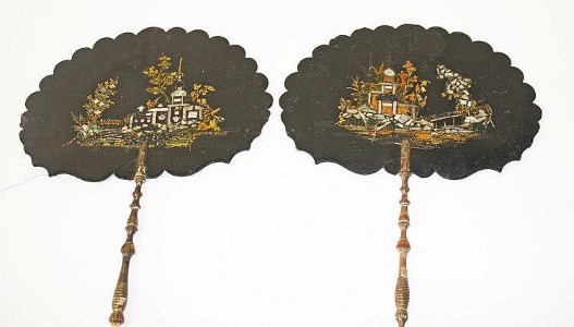 A PAIR OF VICTORIAN PAPER MACHE, MOTHER-O-PEARL INLAID AND DECORATED HEAT SCREENS,