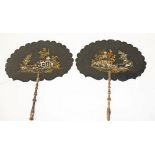 A PAIR OF VICTORIAN PAPER MACHE, MOTHER-O-PEARL INLAID AND DECORATED HEAT SCREENS,