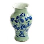 A 19TH CENTURY CHINESE CELADON AND BLUE GROUND BALUSTER SHAPED MORIAGE VASE, 
with flared neck,