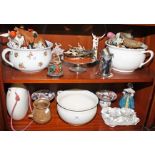 A COLLECTION OF MISCELLANEOUS PORCELAIN FIGURES, comprising hot water bottle, three chamber pots,