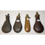 FOUR 19TH CENTURY POWDER FLASKS, 
one leather bound Dixon & Sons patent, 8.