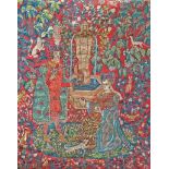 AN ANNE-ROWLAND AKNIN ATTRACTIVE TAPESTRY WALL HANGING,
depicting king and queen amongst foliage,