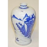 A CHINESE BLUE AND WHITE MEIPING VASE, 
decorated with figures in a mountainous river landscape,