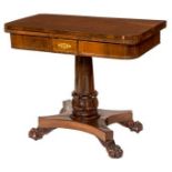 A VERY ATTRACTIVE WILLIAM IV PERIOD ROSEWOOD AND BRASS INLAID FOLD OVER CARD TABLE,