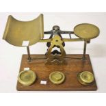 #### WITHDRAWN######AN OLD BRASS POST OFFICE PARCEL SCALES, 
on an oak base, 15in (38cm).