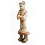 A WESTERN HAN DYNASTY PAINTED FUNERARY POTTERY FEMALE ATTENDANT, 
with hands held forward,