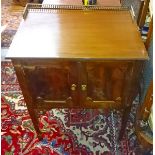 A MAHOGANY TWO DOOR SIDE CUPBOARD, 
with three quarter brass gallery,