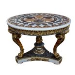 A VERY ATTRACTIVE MARBLE AND GILT GESSO CENTRE TABLE, the circular top with specimen marble inlay,