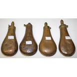 FOUR SIMILAR PLAIN 19TH CENTURY COPPER BAG SHAPED POWDER FLASKS, 
one by G & J.