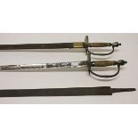 TWO VERY SIMILAR BRASS HILTED SMALL SWORDS, 
each with a double fuller blade with single blade,