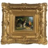 JULIUS SCHEUERER (1859-1913),
Terrier with Cockerel and Dove, O.O.P., 4in (10cm)h x 5in (13cm).