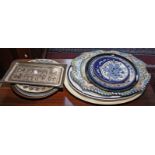 SEVEN ASSORTED METAL DISHES AND PLAQUES,