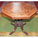 A VICTORIAN OCTAGONAL SHAPED WALNUT AND BIRDS EYE WALNUT CENTRE TABLE, 
with cross banded top,