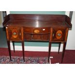 A SMALL GEORGE III PERIOD BOW FRONTED INLAID MAHOGANY SIDE BOARD, 
with three quarter gallery,