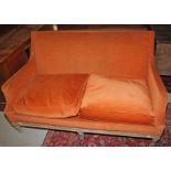 A TWO-SEAT PAINTED FRENCH SETTEE, 
with upholstered back and side panels and a double cushion seat,