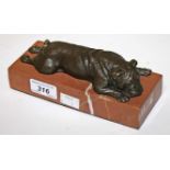 A BRONZE STUDY OF A SLEEPING BULL DOG, 
on a rectangular marble plinth, 7in (18cm).