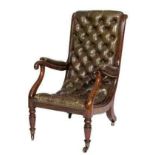 A WILLIAM IV PERIOD MAHOGANY LIBRARY ARMCHAIR, 
with re-curving button back and seat,