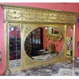 A REGENCY STYLE GILT AND GESSO THREE COMPARTMENT OVERMANTLE,