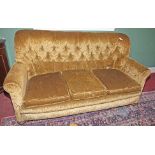 A MODERN THREE SEAT BUTTON BACK SETTEE, 
covered in gold fabric, and a small modern armchair.