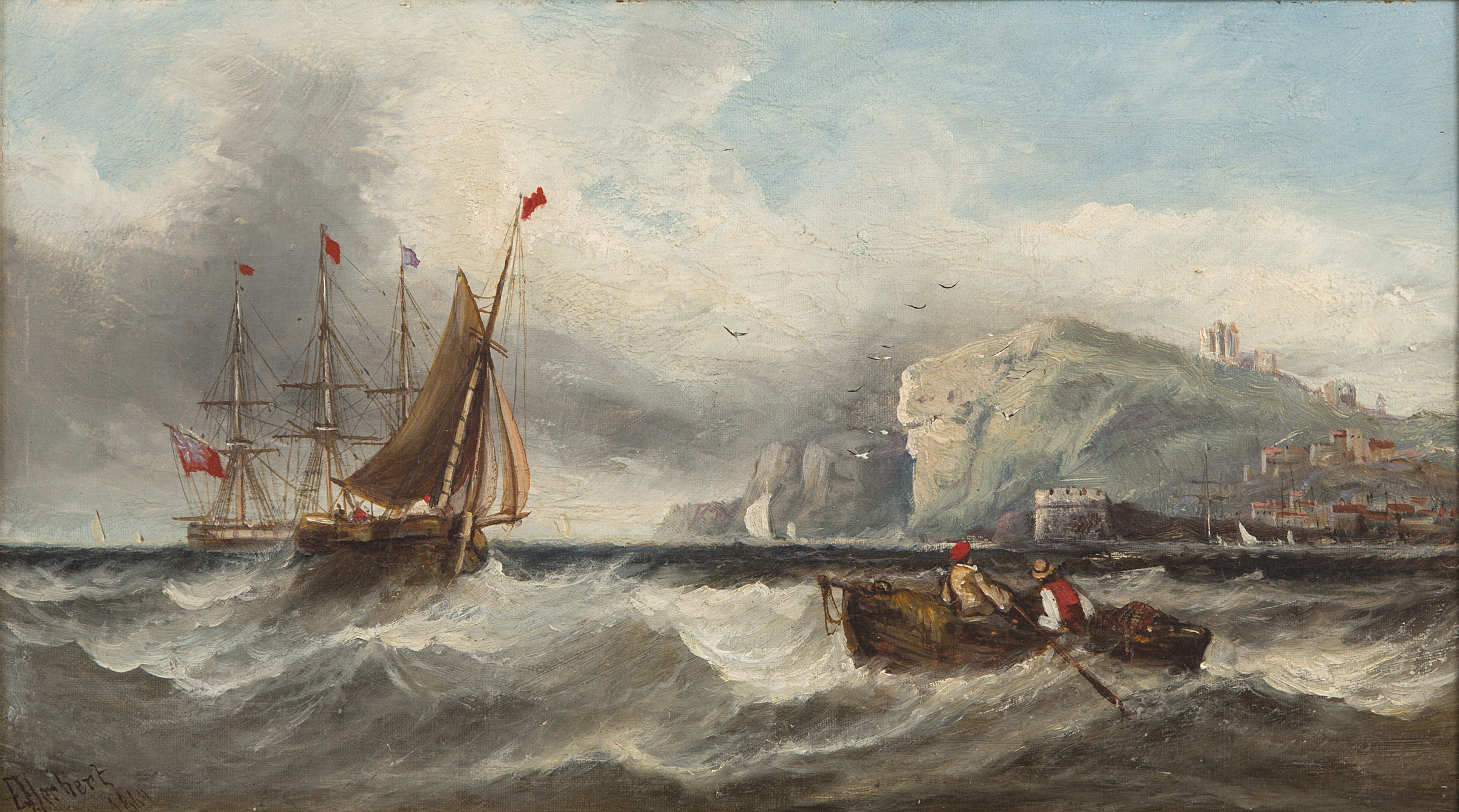 E. HERBERT, 
Coastal Scene with Fishing Boats and Three Mast Sailing Boat by a Fishing Harbour, O.O.