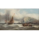 E. HERBERT, 
Coastal Scene with Fishing Boats and Three Mast Sailing Boat by a Fishing Harbour, O.O.