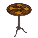A 19TH CENTURY MAHOGANY CENTRE TABLE, 
the circular snap top with later marquetry work,
