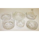 A LARGE WATERFORD CRYSTAL ASHTRAY, 
7in (18cm); another heavier ditto; a Kilkenny crystal basket, 7.