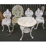 A SET OF THREE CAST METAL PATIO CHAIRS,