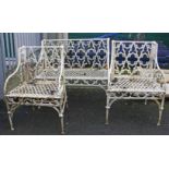 A HEAVY THREE PIECE GOTHIC STYLE SUITE OF CAST IRON GARDEN SEAT FURNITURE,