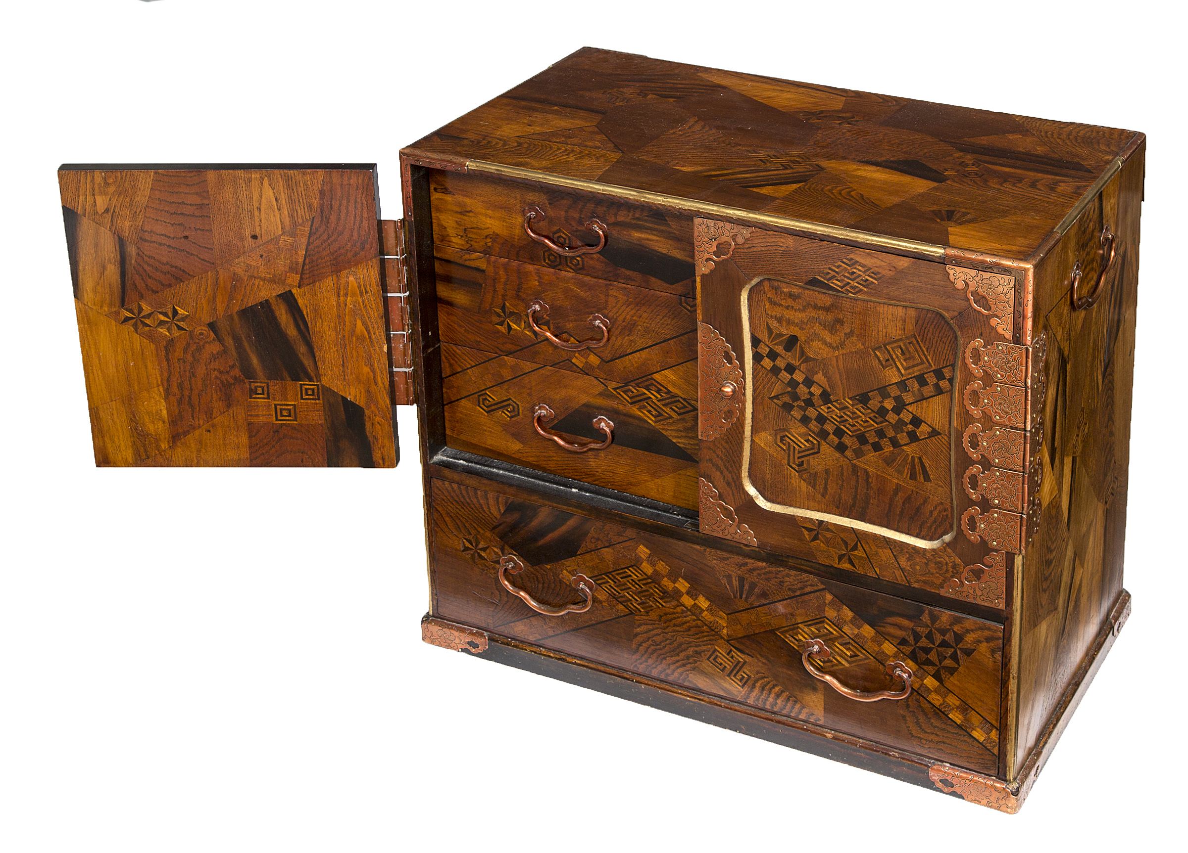 A JAPANESE PARQUETRY INLAID TABLE CUPBOARD, 
with gilt metal strap work and mounts,