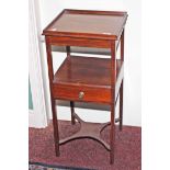 A 19TH CENTURY INLAID AND SATINWOOD BANDED MAHOGANY TWO TIER BEDSIDE PEDESTAL, 
with drawer,