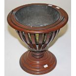AN INLAID MAHOGANY BASKET PLANTER, 
with swing handle and brass liner, within slatted sides,
