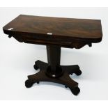 A WILLIAM IV PERIOD MAHOGANY FOLD OVER CARD TABLE, 
the top with rounded corners,