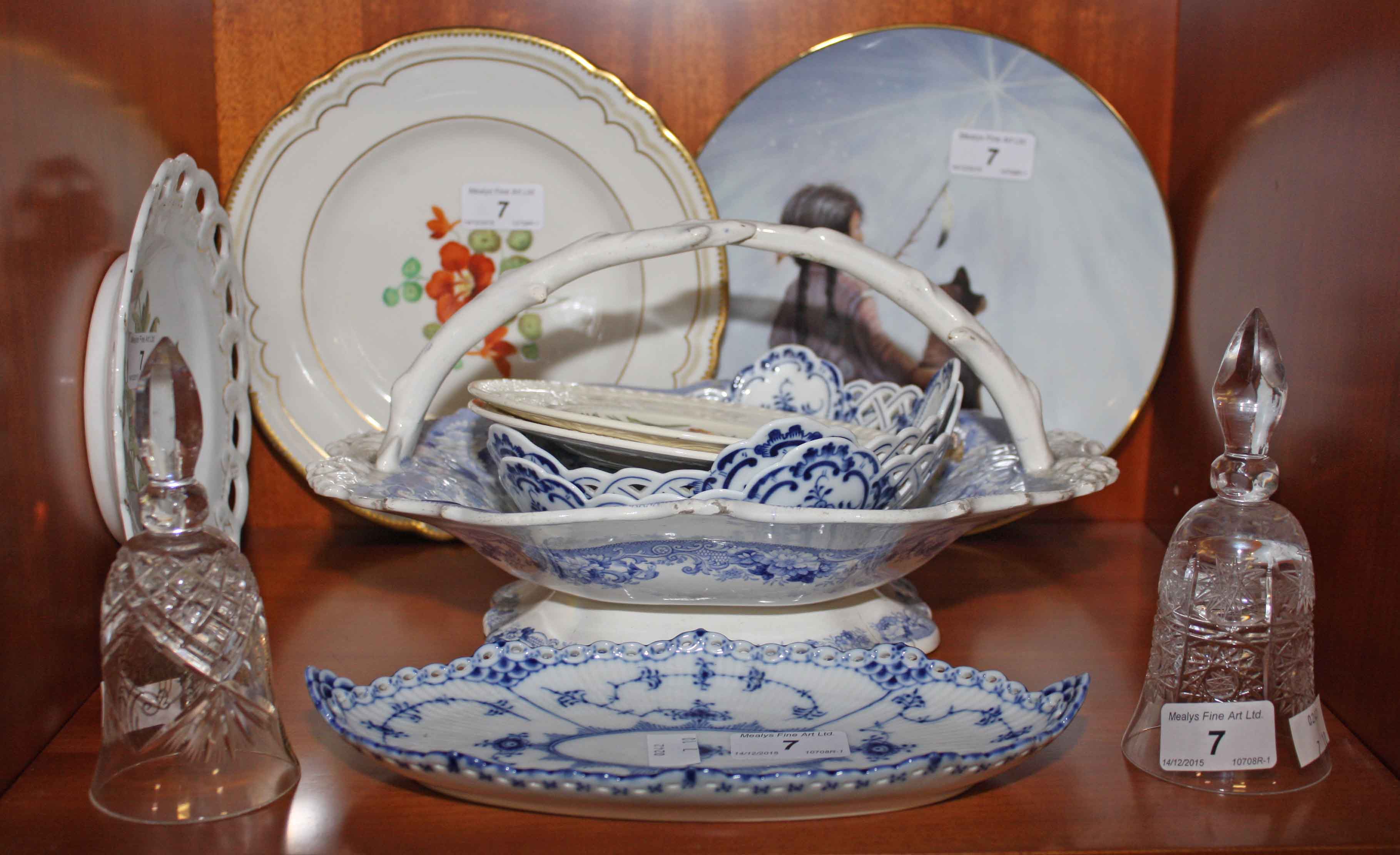 A 19TH CENTURY BLUE AND WHITE DAVENPORT PORCELAIN CAKE BASKET, 
 with rustic handle,
