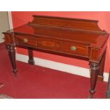 A BRASS INLAID ROSEWOOD AND MAHOGANY SIDE TABLE, 
with shaped back above an inverted breakfront top,